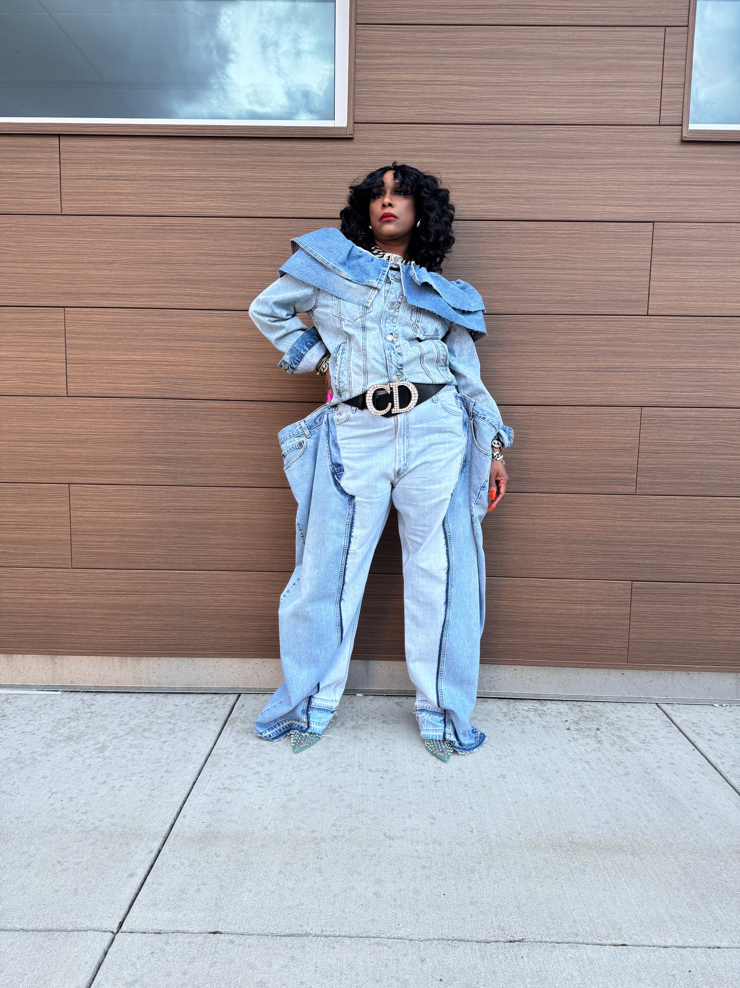 Double Denim Chap Style Wide Leg Jeans