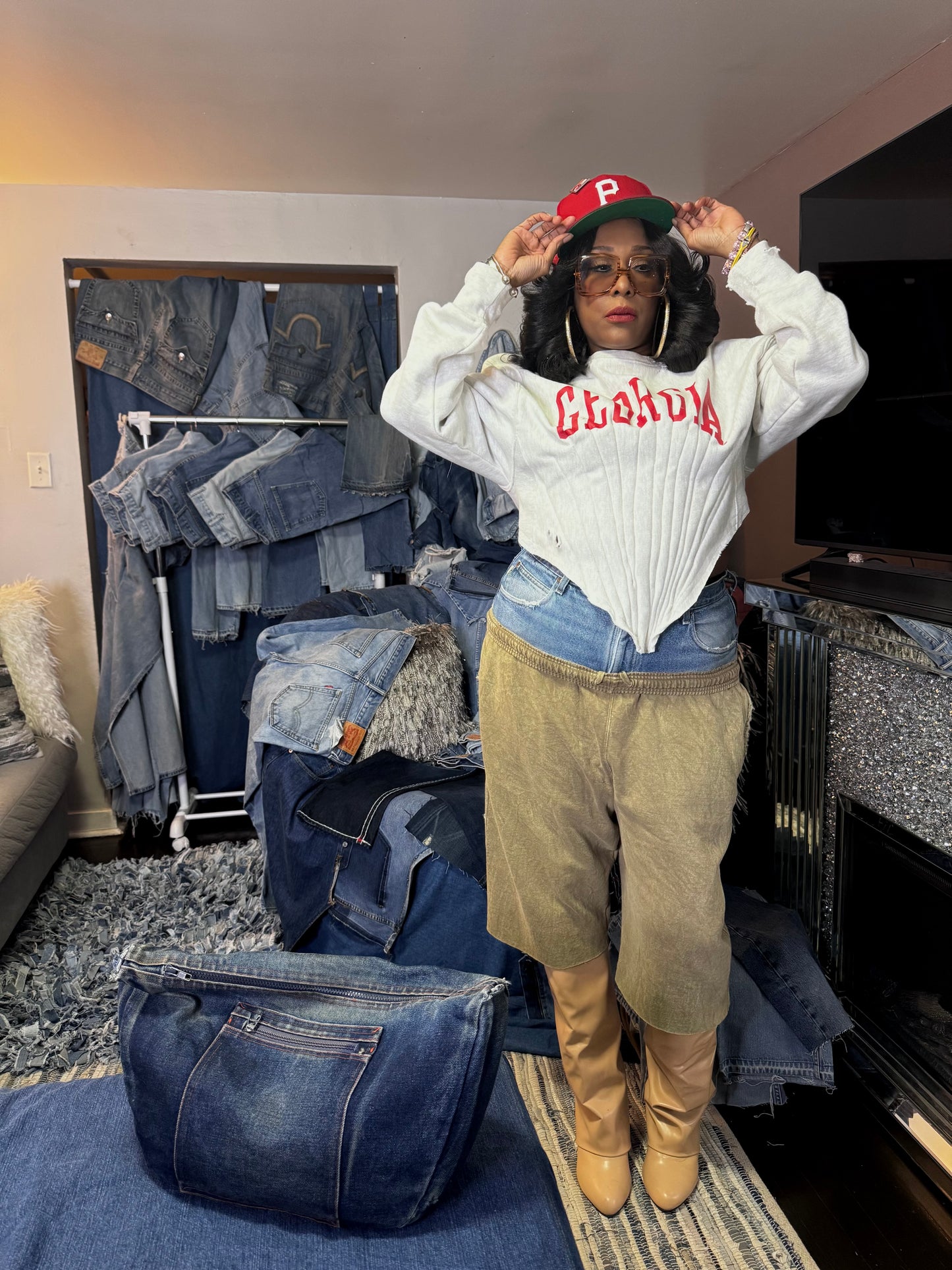 Denim Double Waist Jort Style Joggers