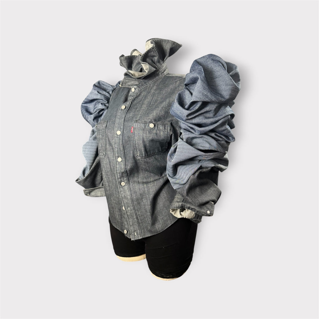 Deep Denim Tulip Neck Rose Petal Style Puff Sleeve Shacket
