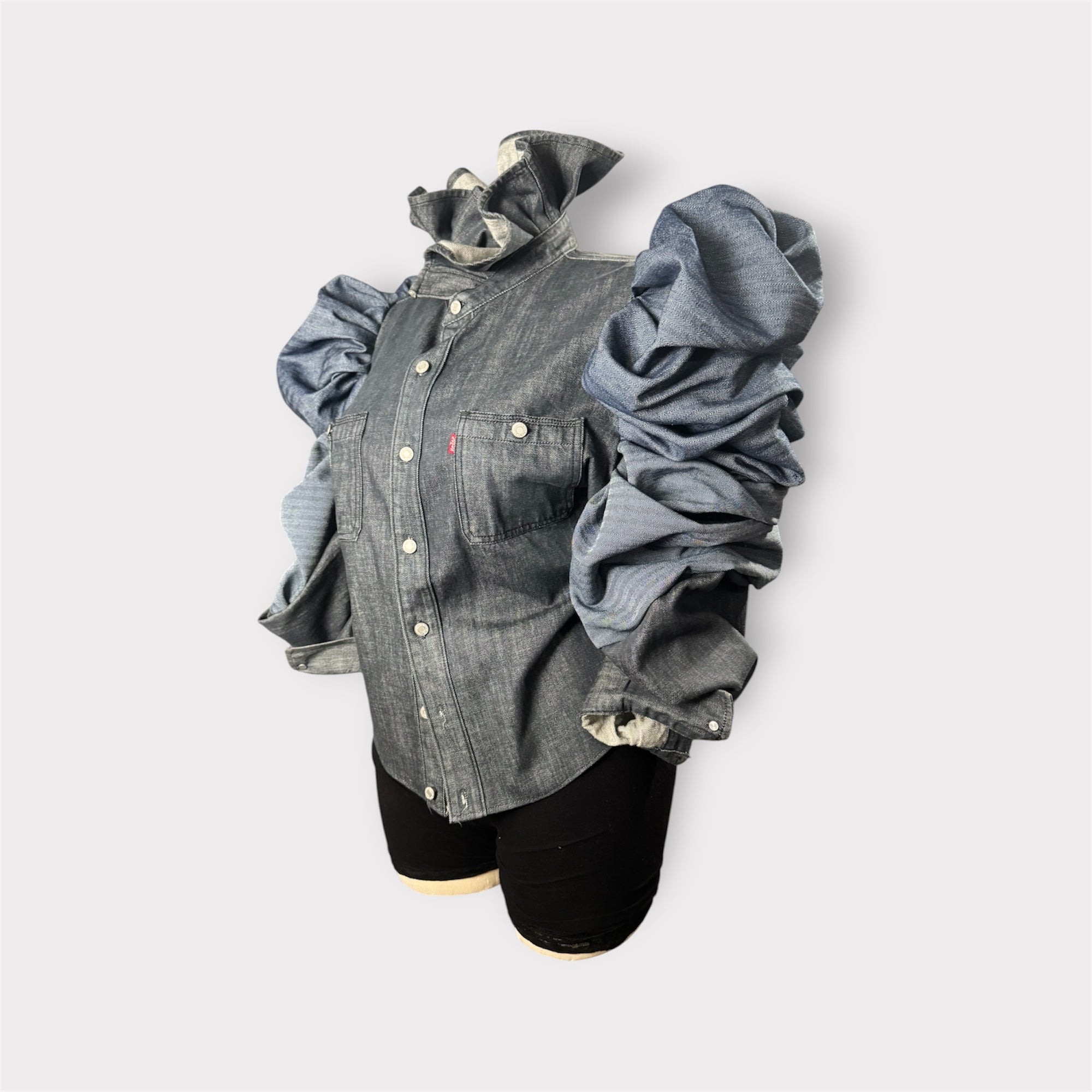 Deep Denim Tulip Neck Rose Petal Style Puff Sleeve Shacket