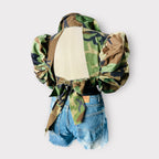 Cropped Backless Puff Sleeve Camo