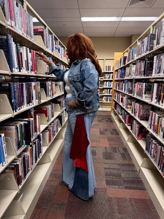 Denim Wide Leg Jeans with Leather Flare Sides