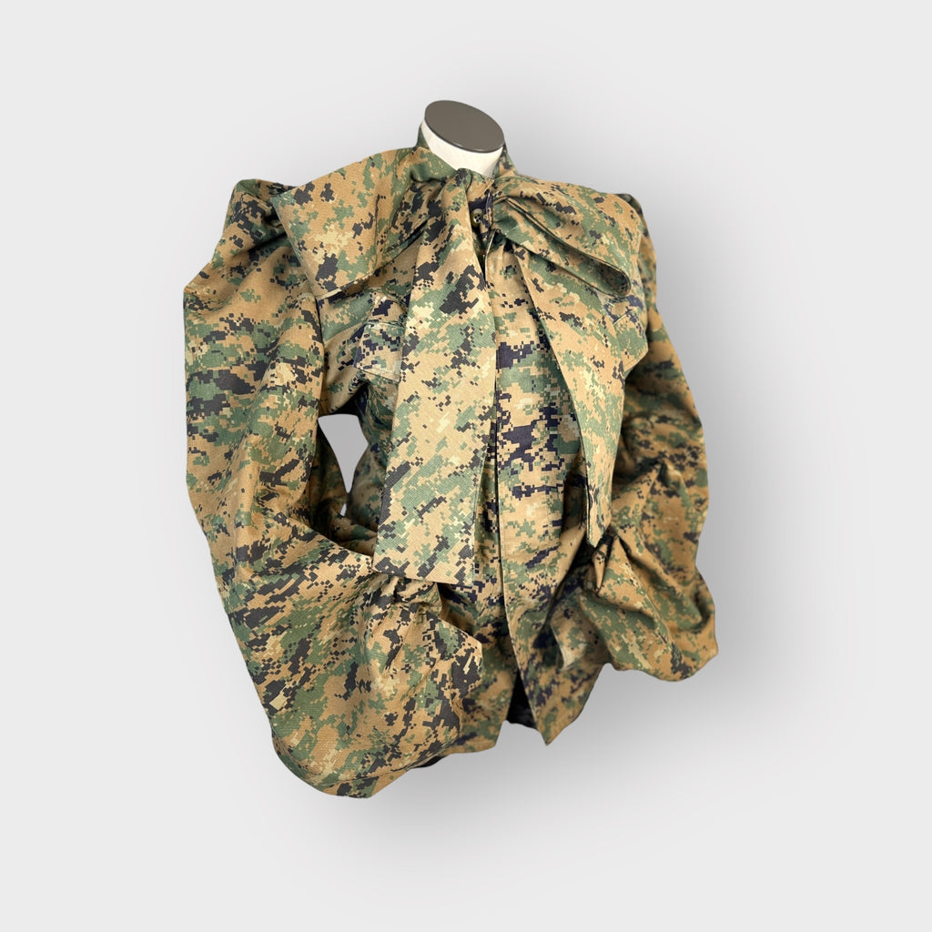 Digital Camo Shacket with Ribbon Collar n Bishop Sleeves