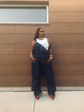 Double Denim Drop Crotch Inverted Barrel Overalls