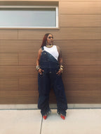 Double Denim Drop Crotch Inverted Barrel Overalls