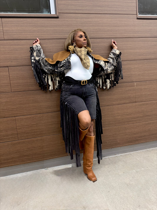 Distressed Denim Cropped Fringe Jacket