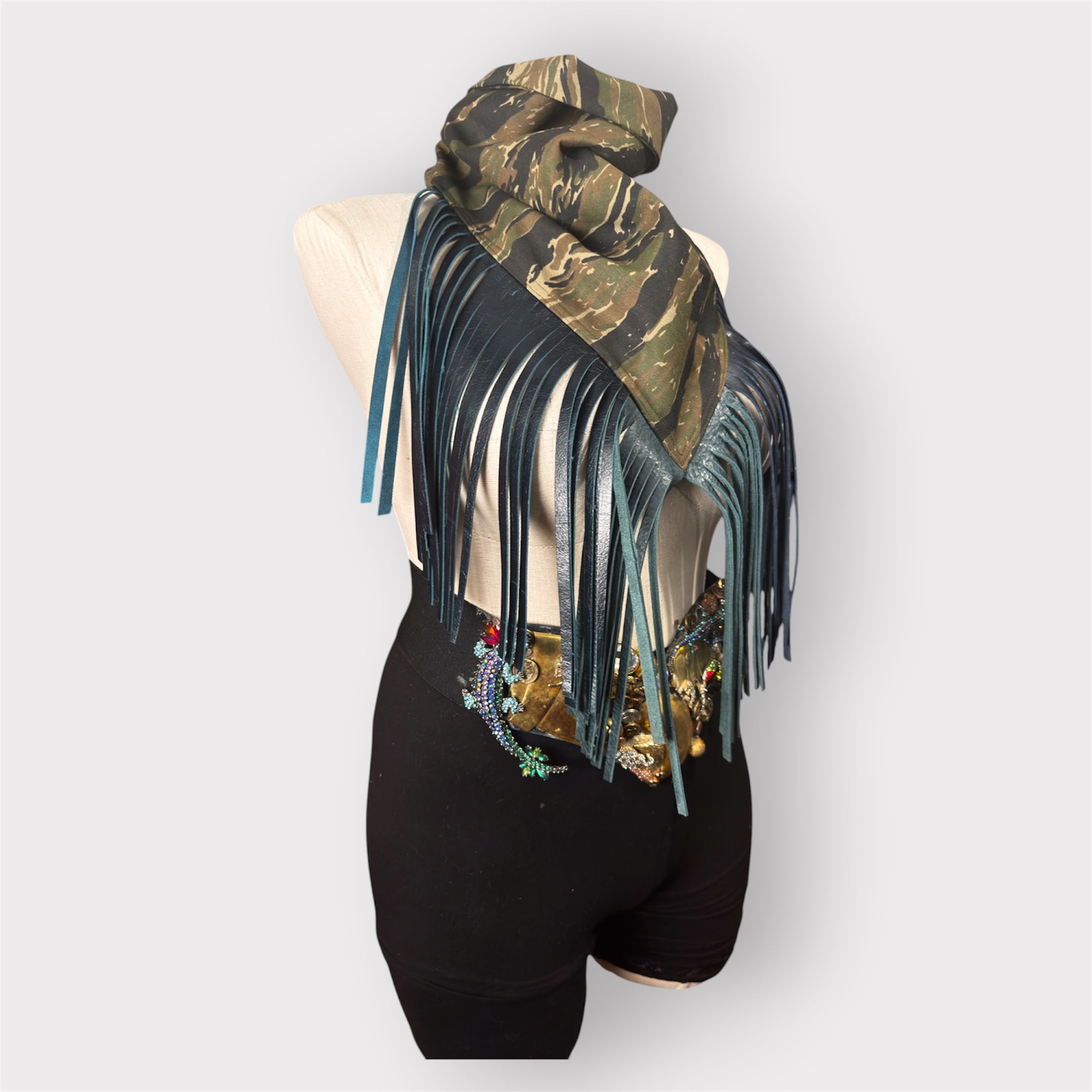Tiger Stripe Leather Fringe Bandana