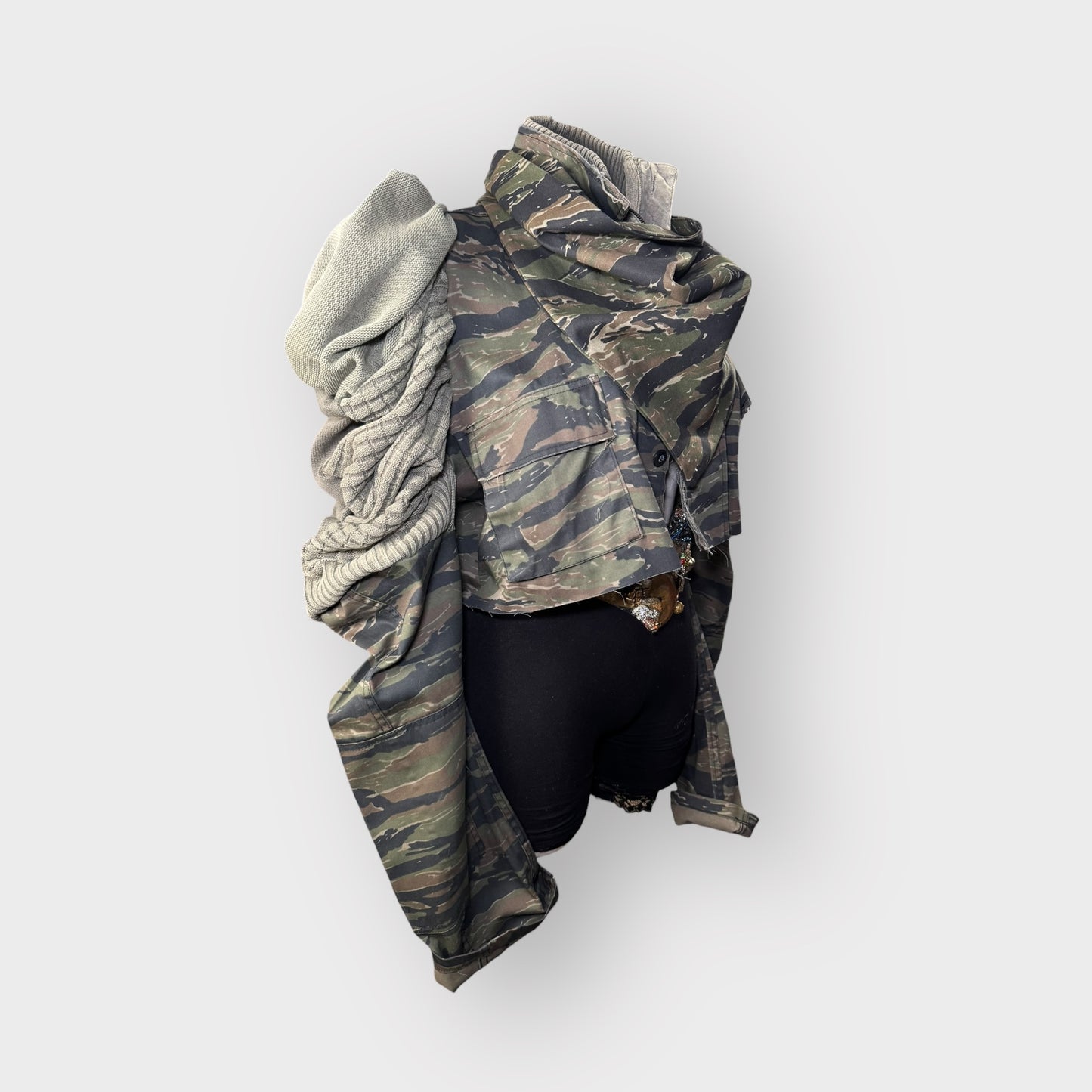 Tiger Stripped Cropped Camo Sweater Sleeve Shacket