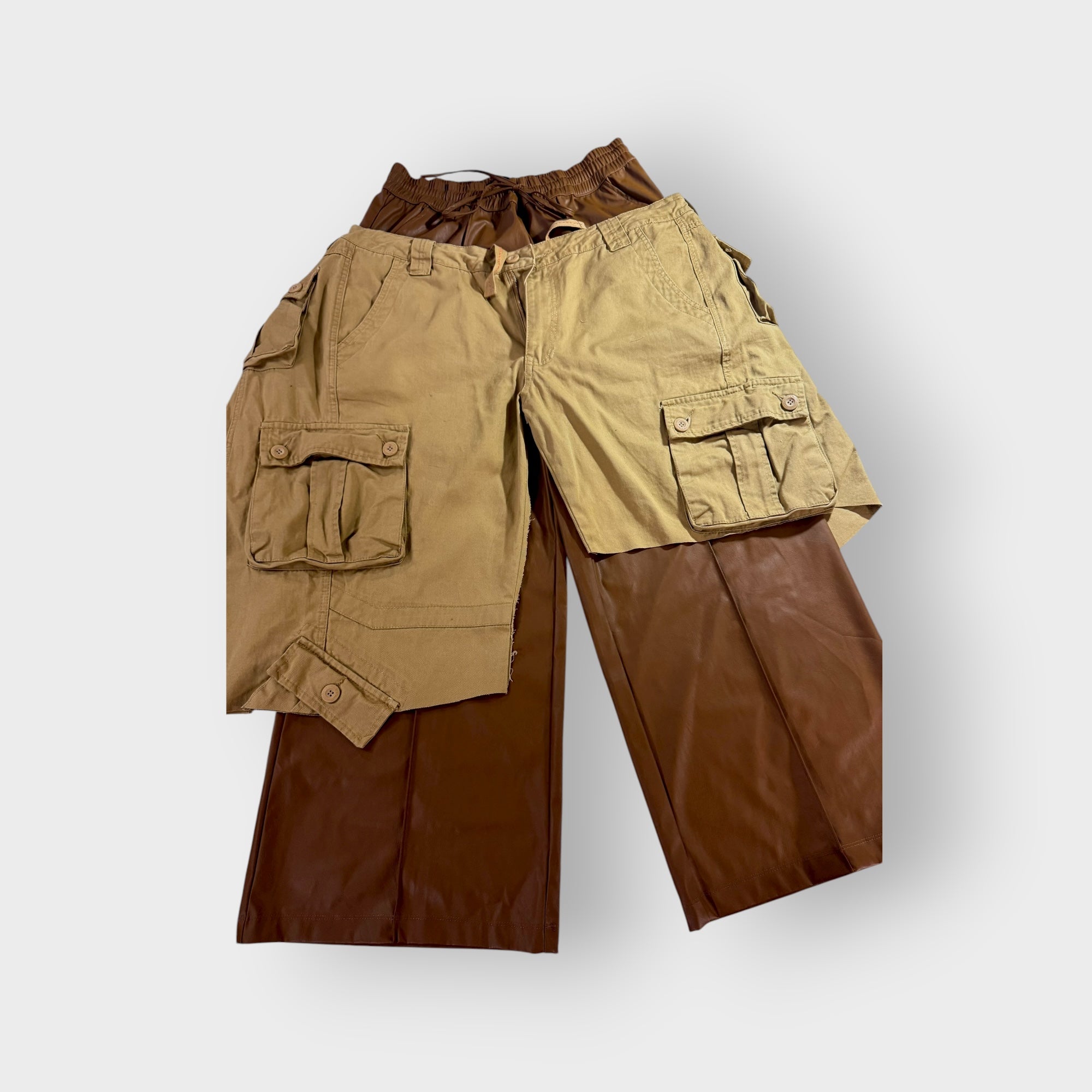 Faux Leather n Cargo Overlay Wide Leg Trousers
