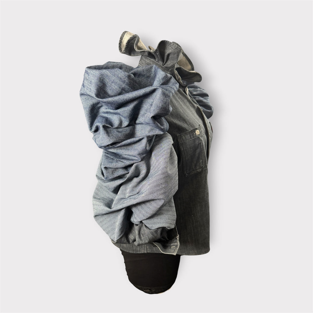Deep Denim Tulip Neck Rose Petal Style Puff Sleeve Shacket