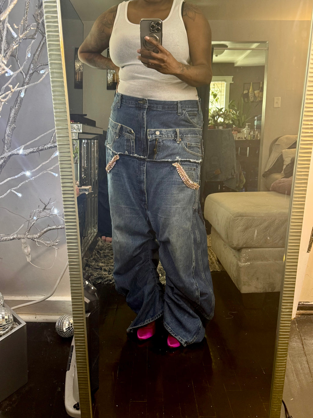 Triple Denim Baggy Cowgirl Couture Drop Crotch Denim Wide Leg Jeans