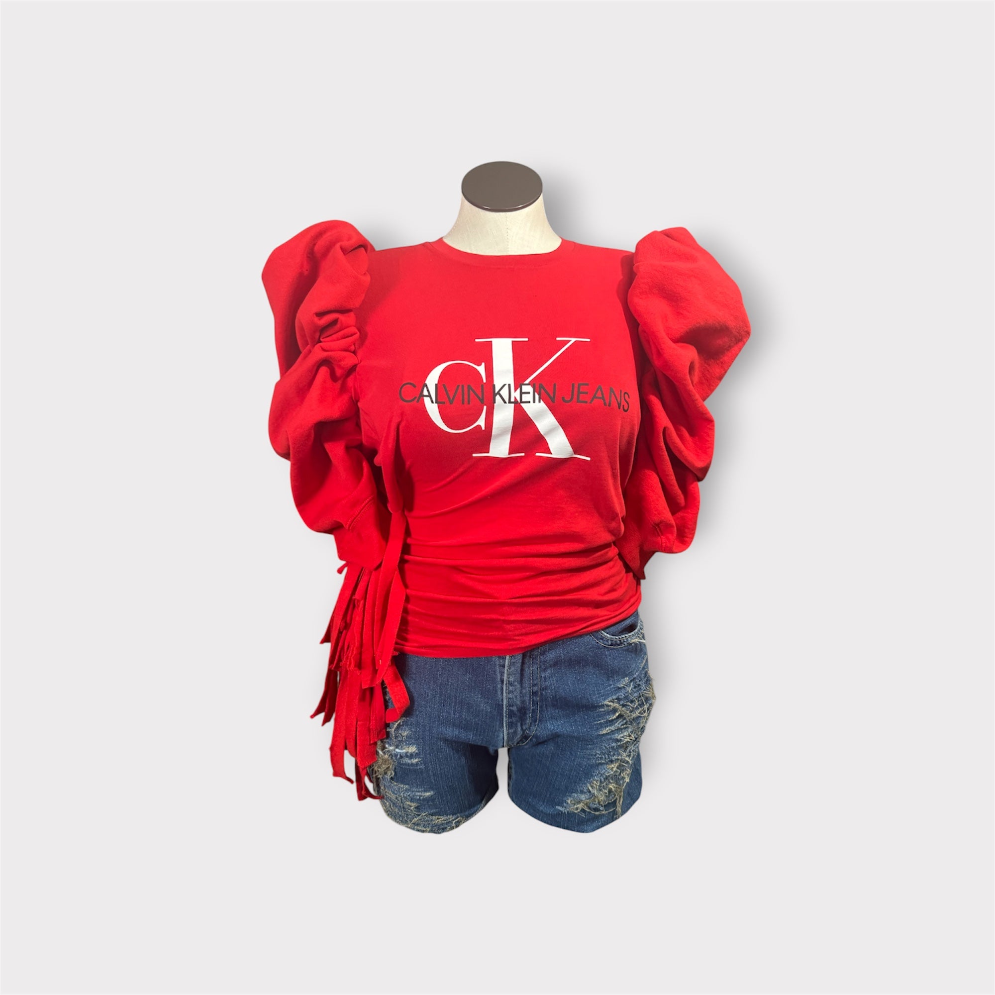 Crimson Puffy Sleeve Fringe Tee