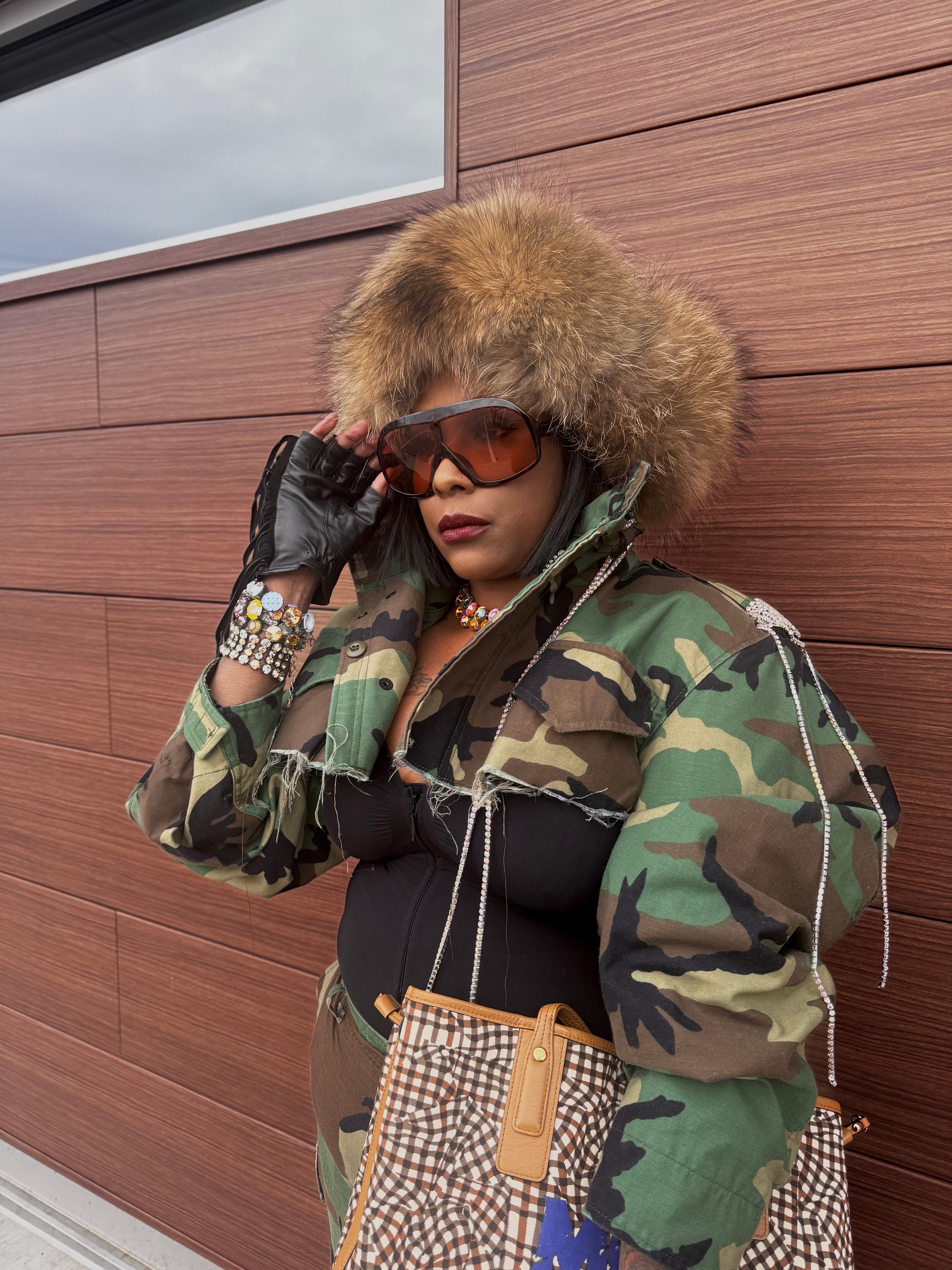 Crystal Details MIDI Cropped Camo Cargo Jacket