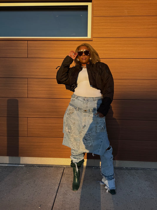 Distressed Denim Over Skirt Jeans