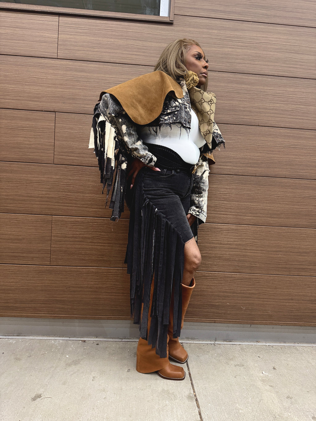 Distressed Denim Cropped Fringe Jacket