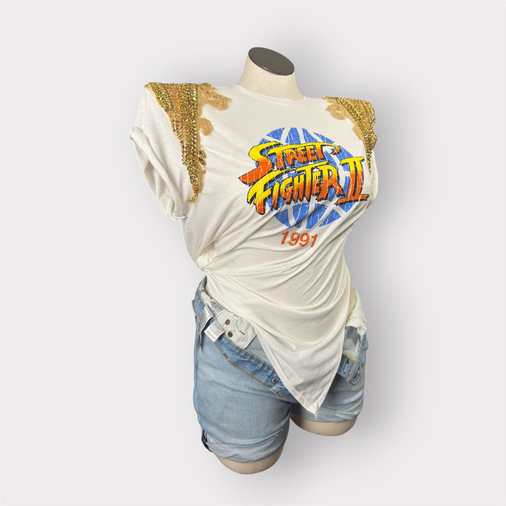 Nostalgic Street Couture Crystal Shoulder Asymmetrical Tee