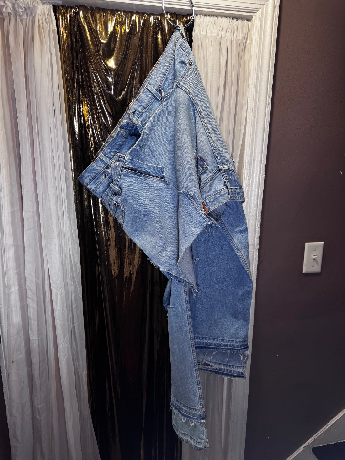 Distressed Denim Apron Style Overlay Jeans