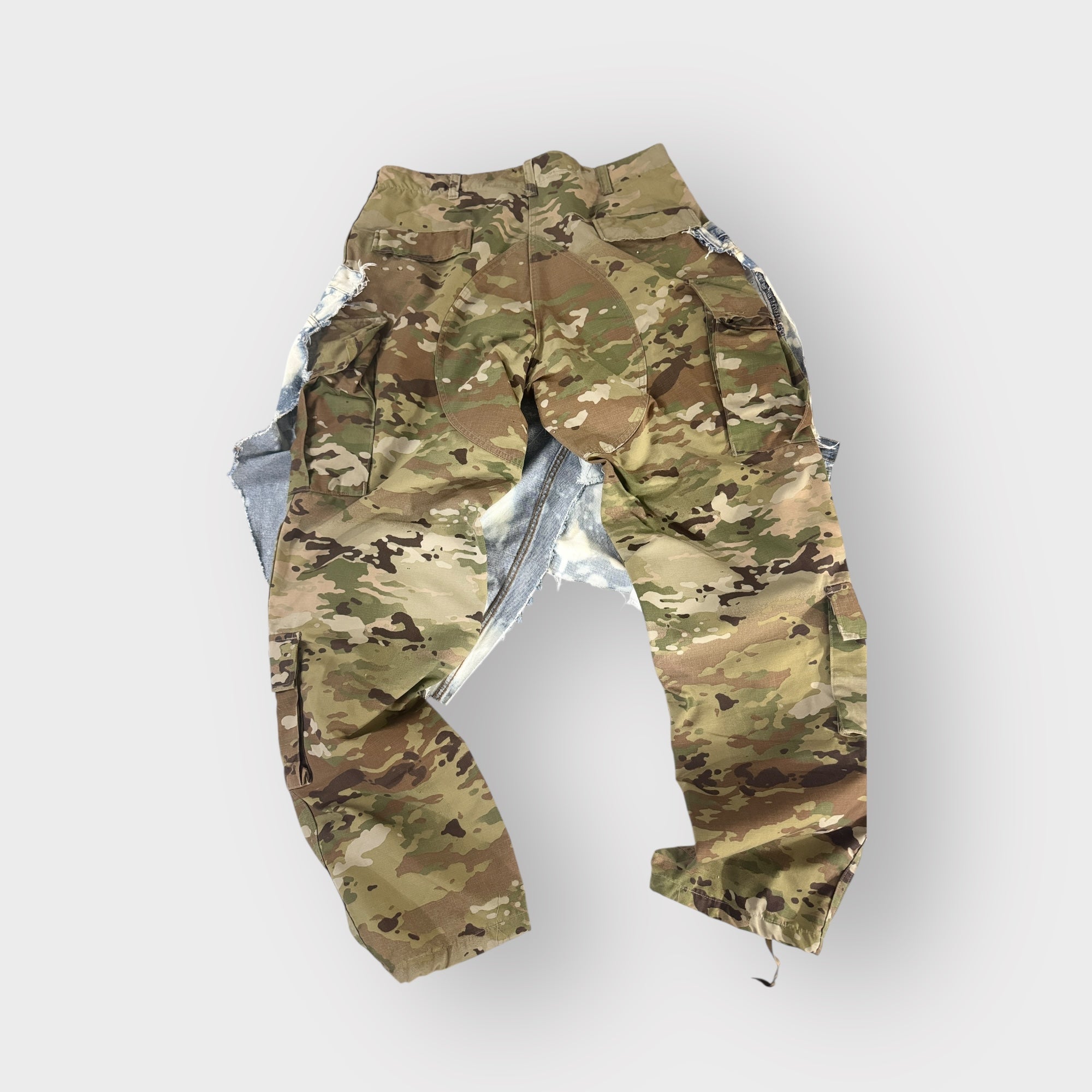 Distressed Denim Couture Overlay Camo Cargos