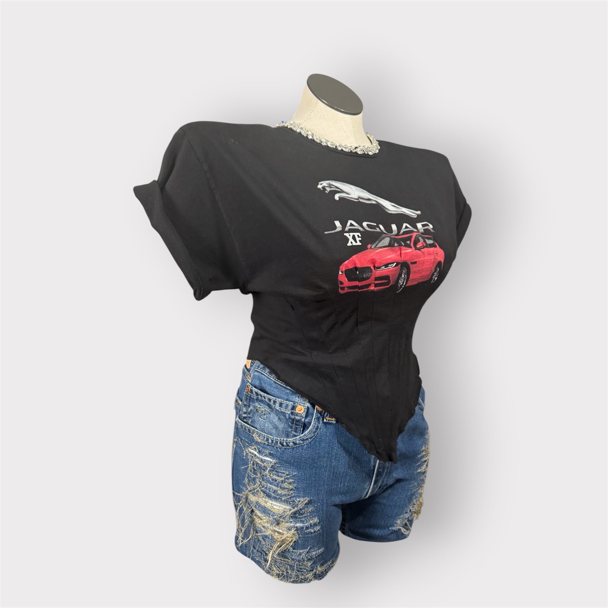 Padded Shoulder Corset Style Tee w Rhinestone Neckline