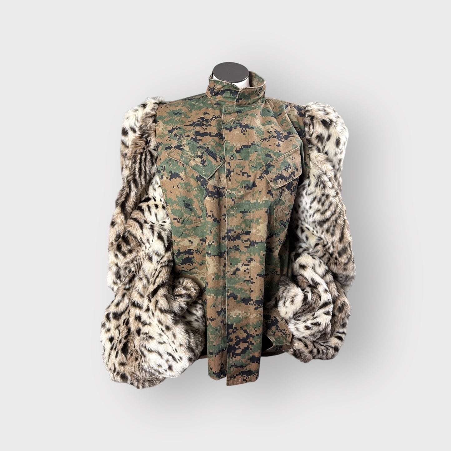 Custom Camo n Snow Leopard Faux Fur Bishop Sleeve Shacket