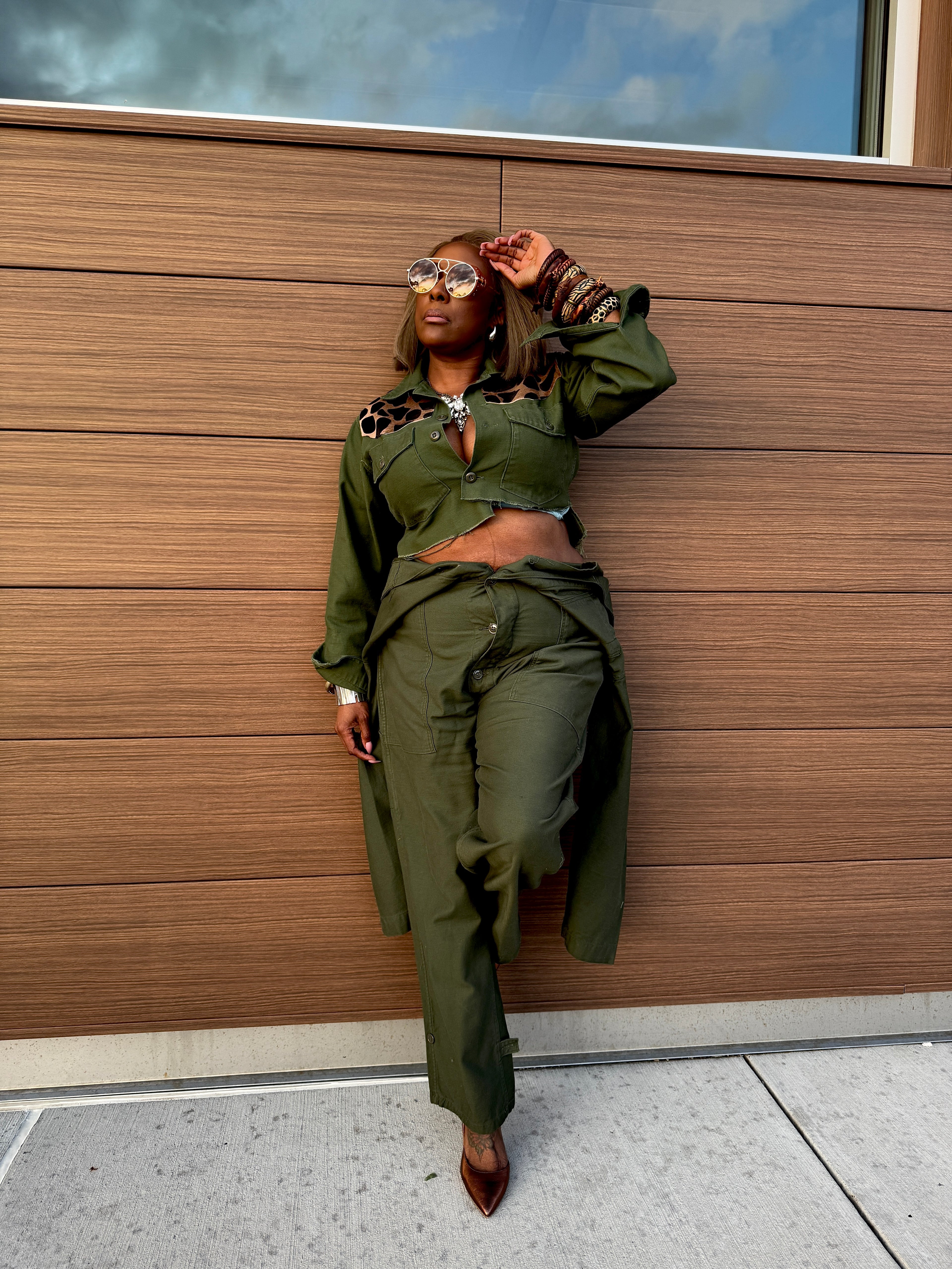 Military Green Giraffe Western Insp. Cropped Top