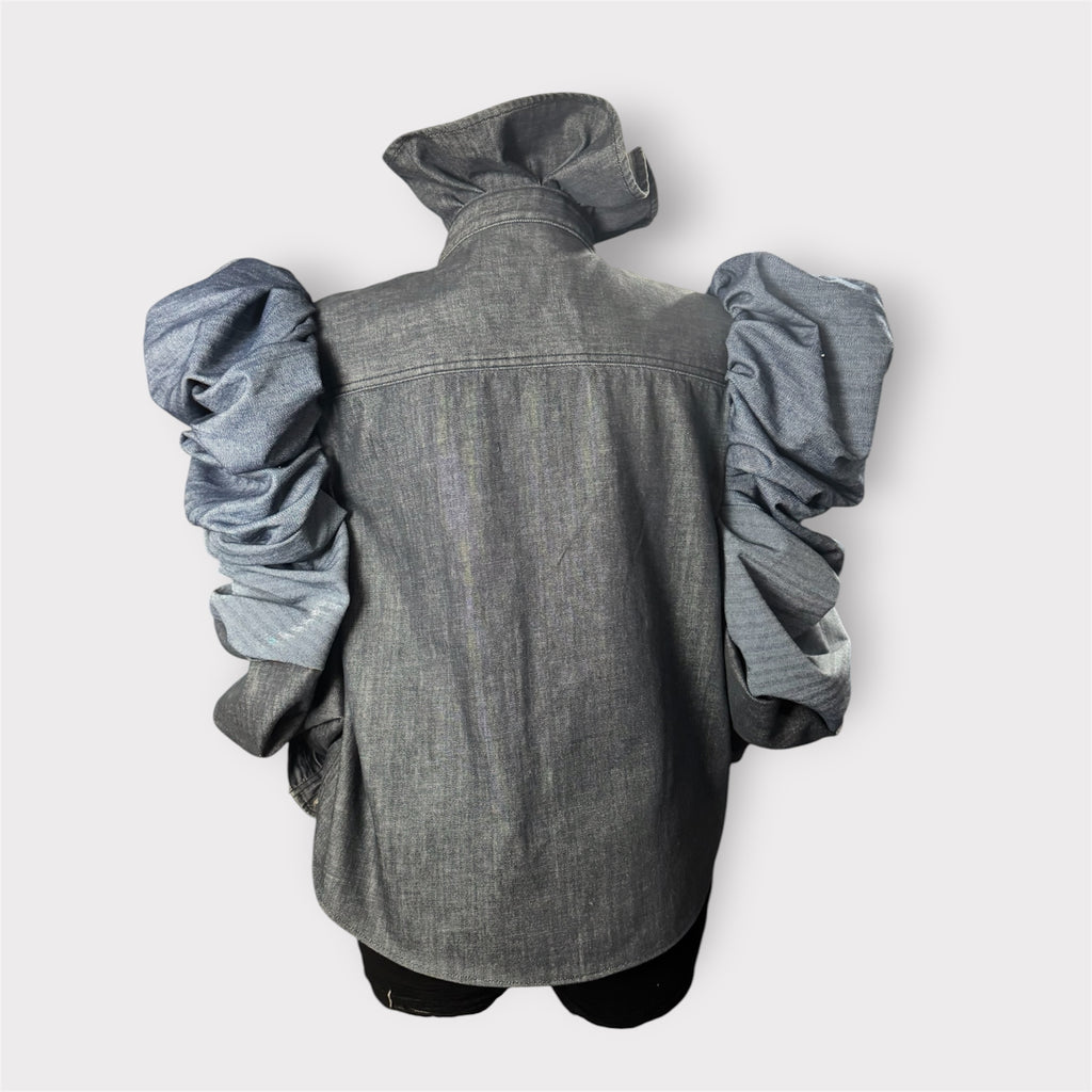 Deep Denim Tulip Neck Rose Petal Style Puff Sleeve Shacket