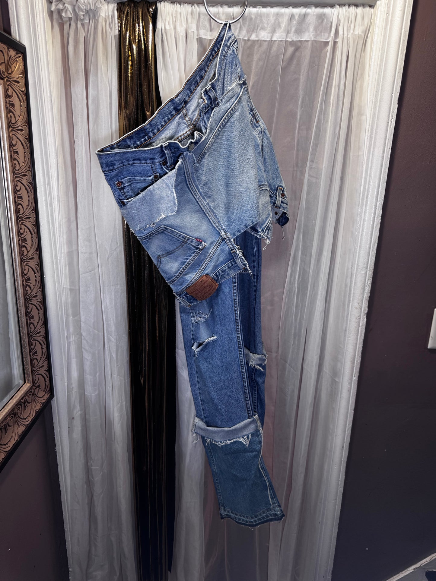 Distressed Denim Apron Style Overlay Jeans