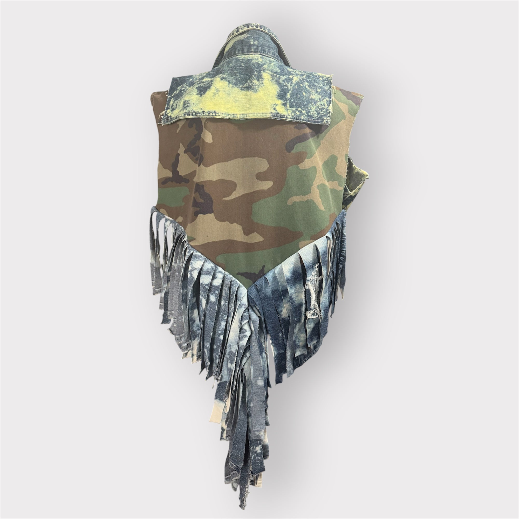 Two Toned Camo n Denim Fringe Vest