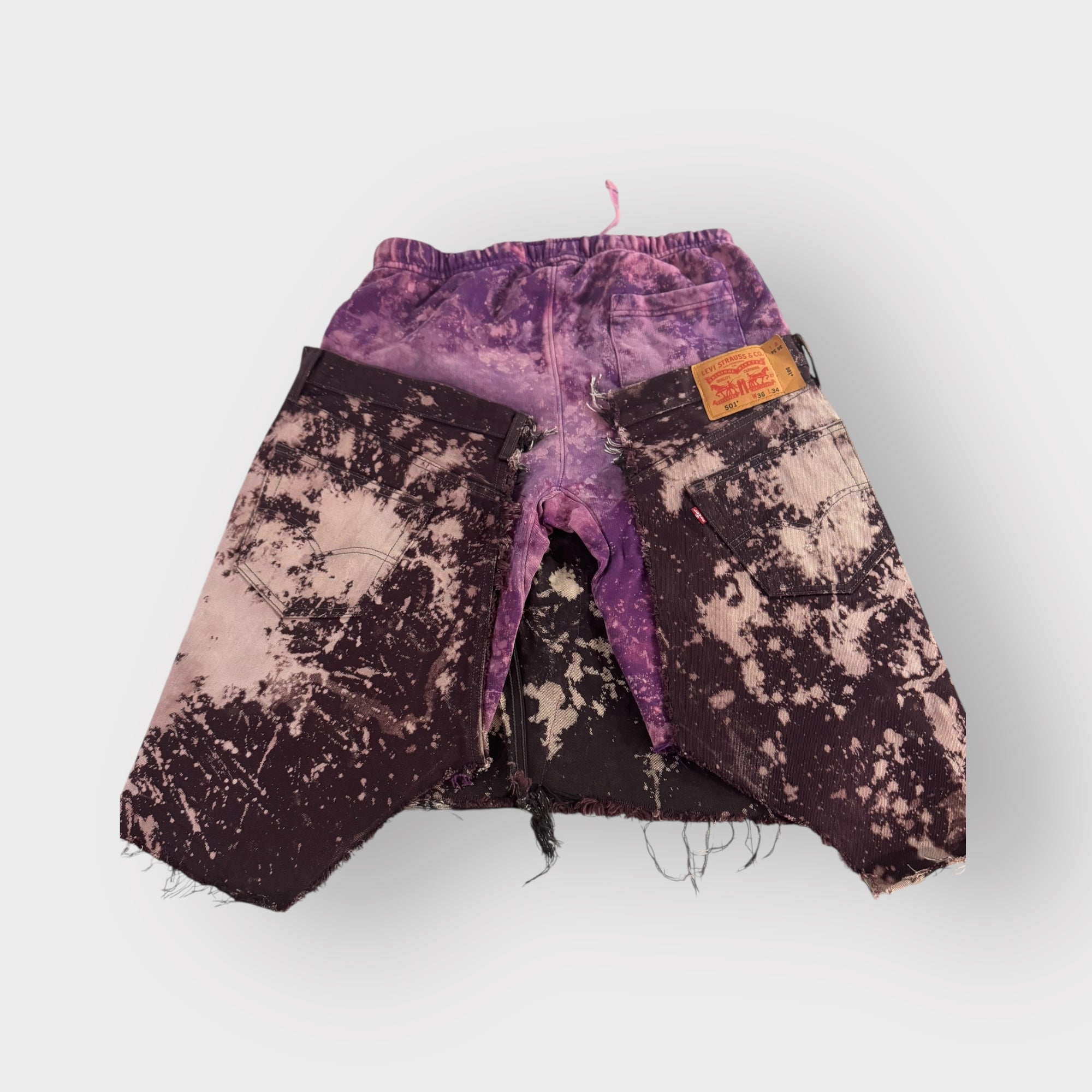 Distressed Denim Purple Overlay Drop Crotch Bermuda Style Joggers