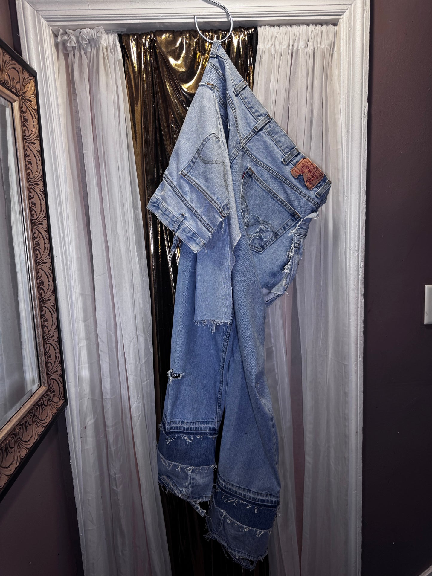 Distressed Denim Apron Style Overlay Jeans