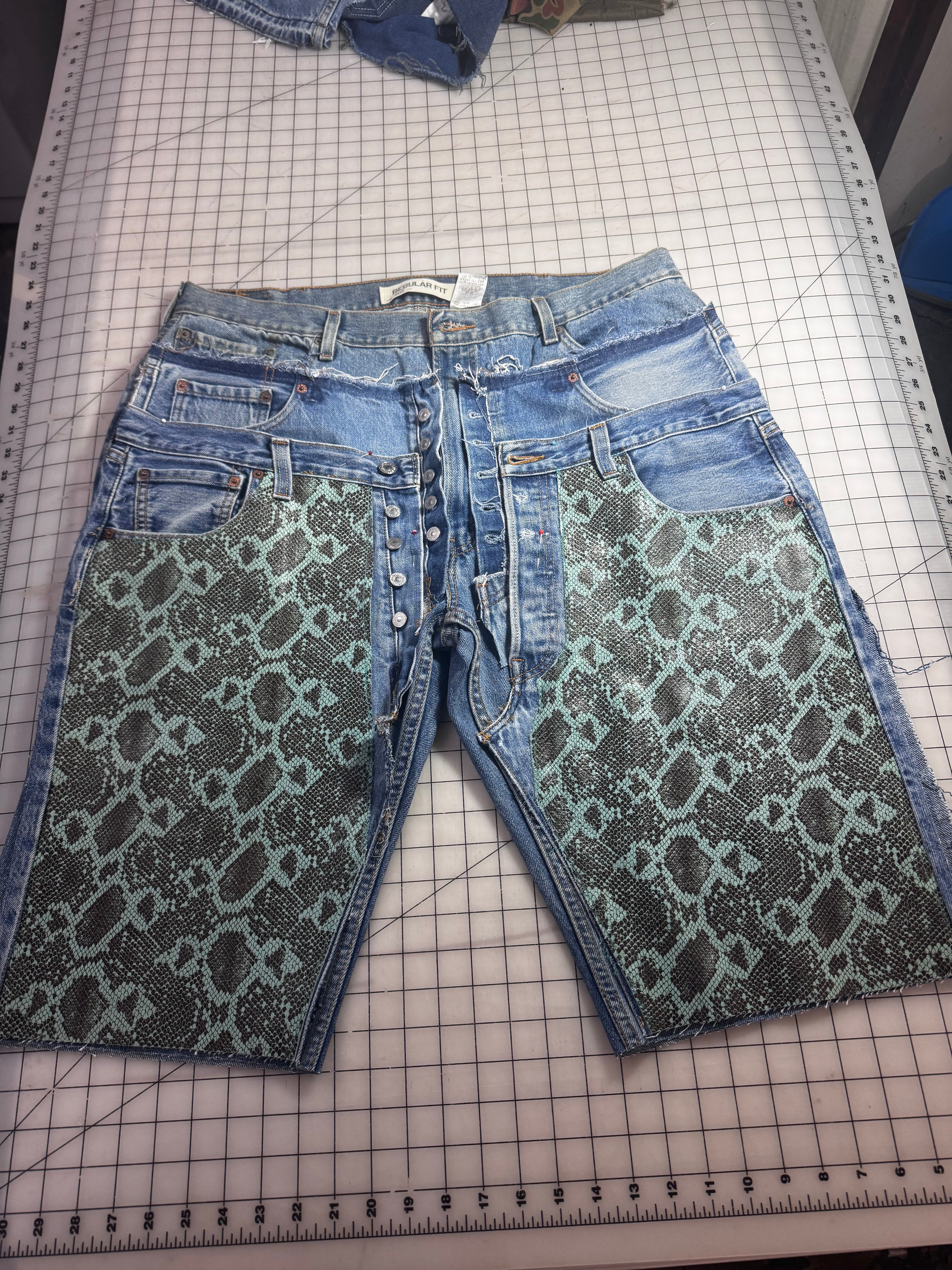 Triple Denim Cowgirl Couture Python Leather Jorts