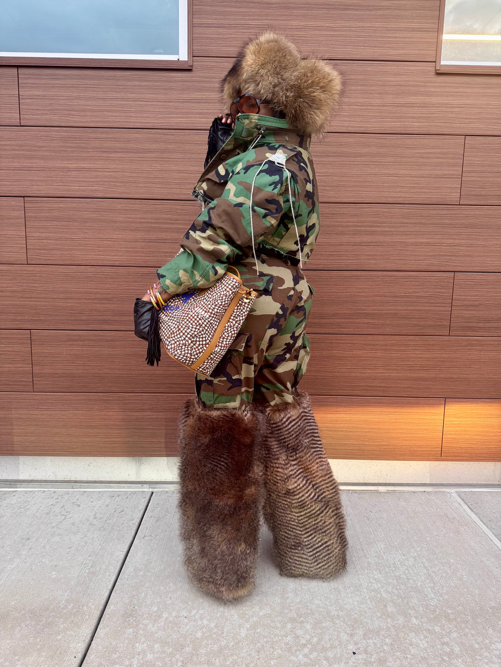Custom Camo Faux Fur Wide Leg Cargos