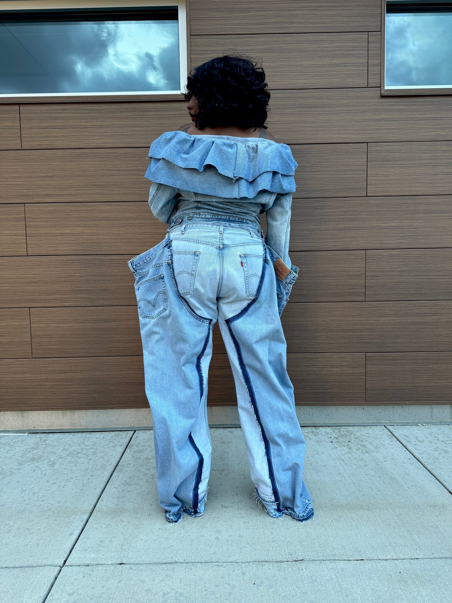 Double Denim Chap Style Wide Leg Jeans