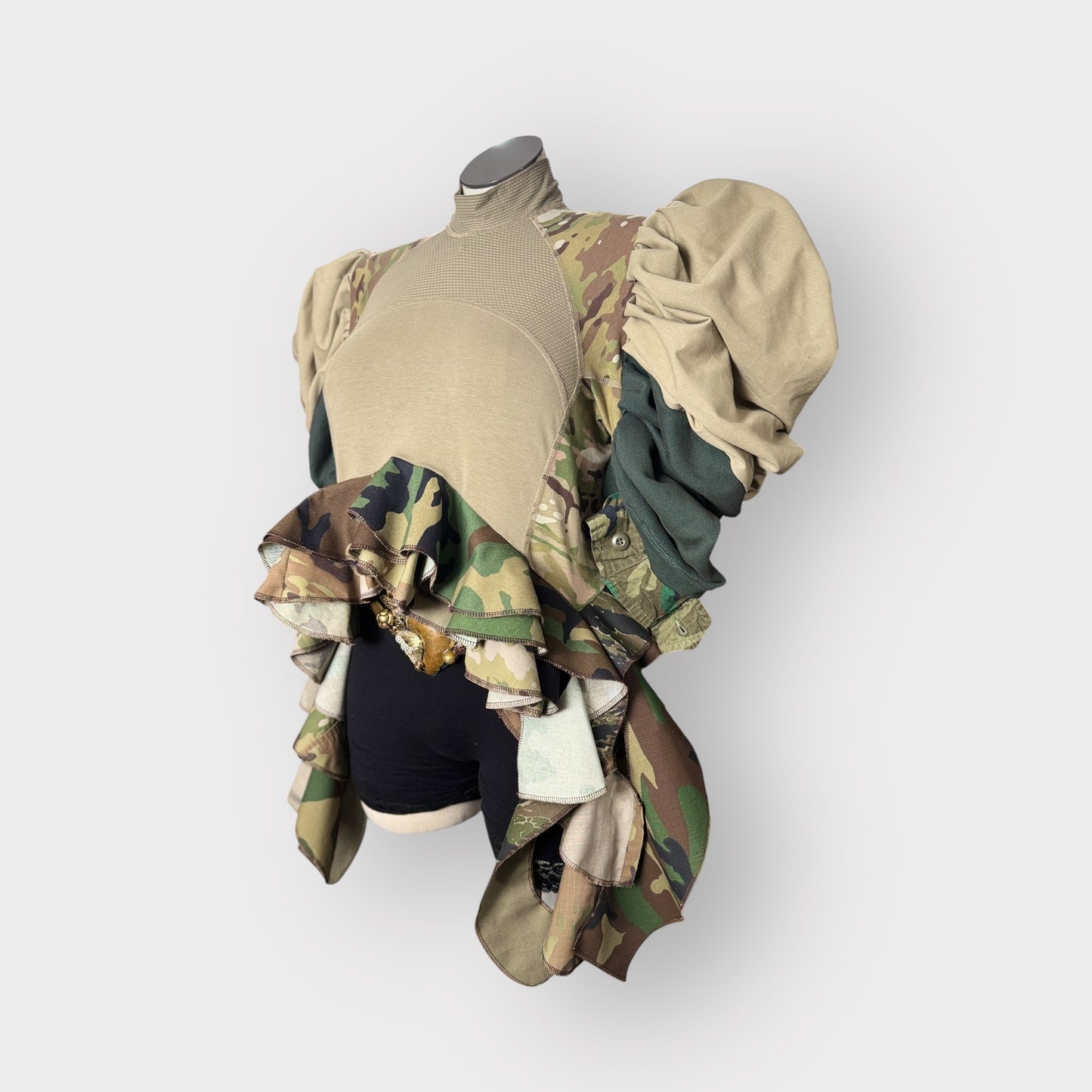 Multi Camo Puff Sleeve Peplum with Cascading Ruffles
