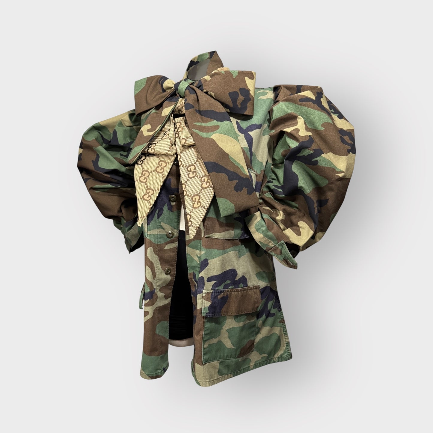 (Made to order) Camo Double Power Bow Puff Sleeve Shacket