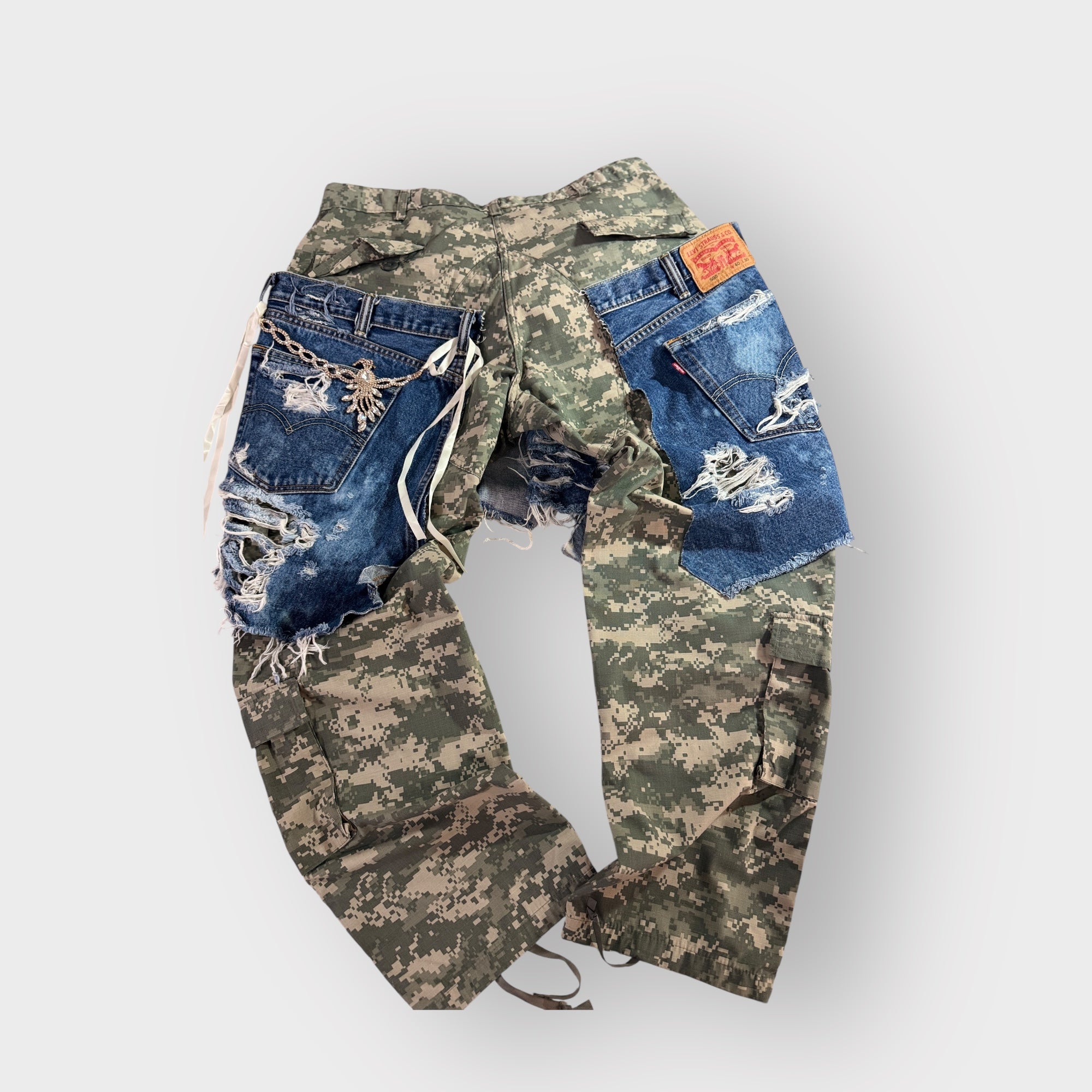 Distressed Denim n Digital Camo Cargos