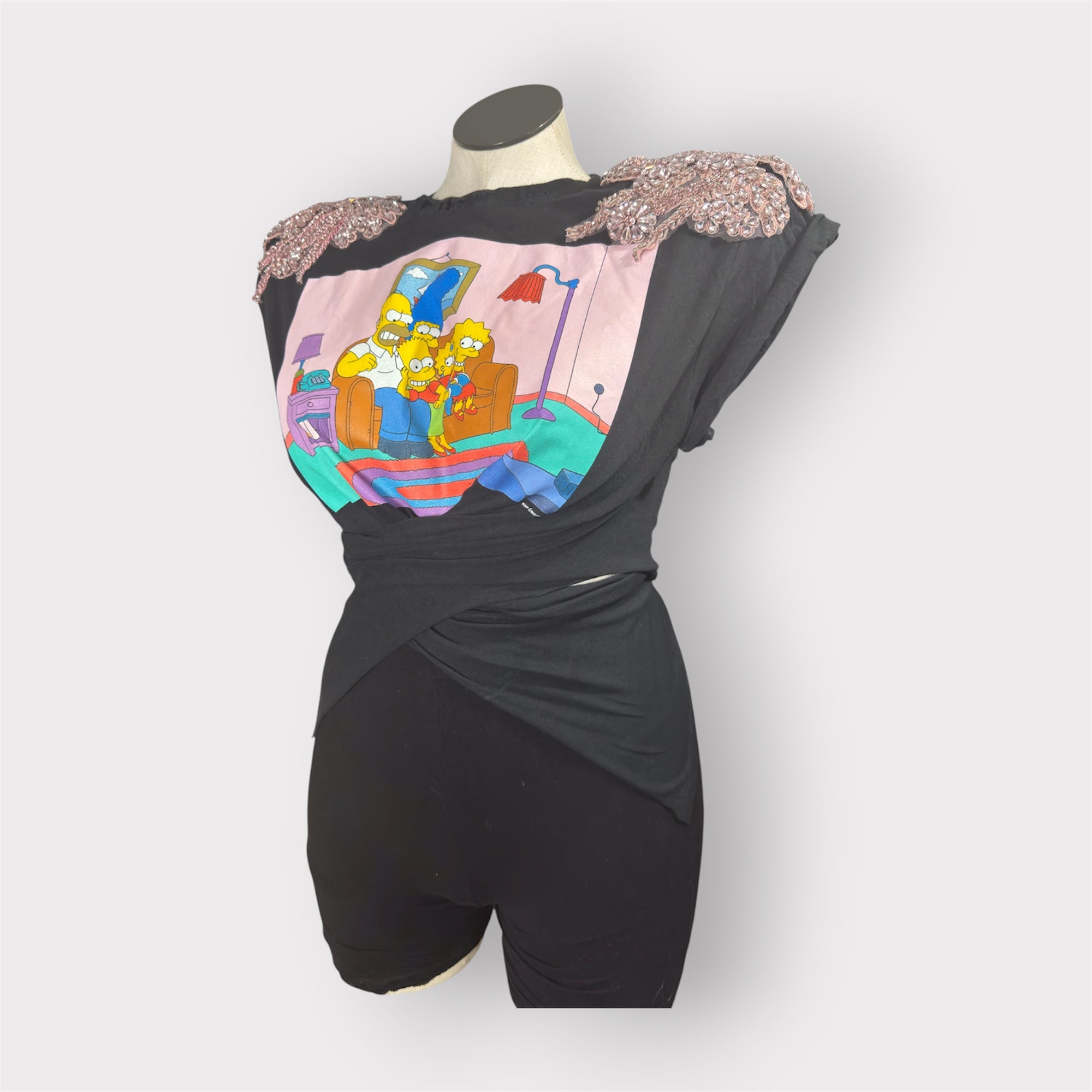 Luxe Nostalgia Crystal Couture Shoulder Wrap Tee