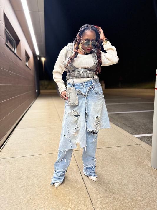 Distressed Overlay Denim Jeans