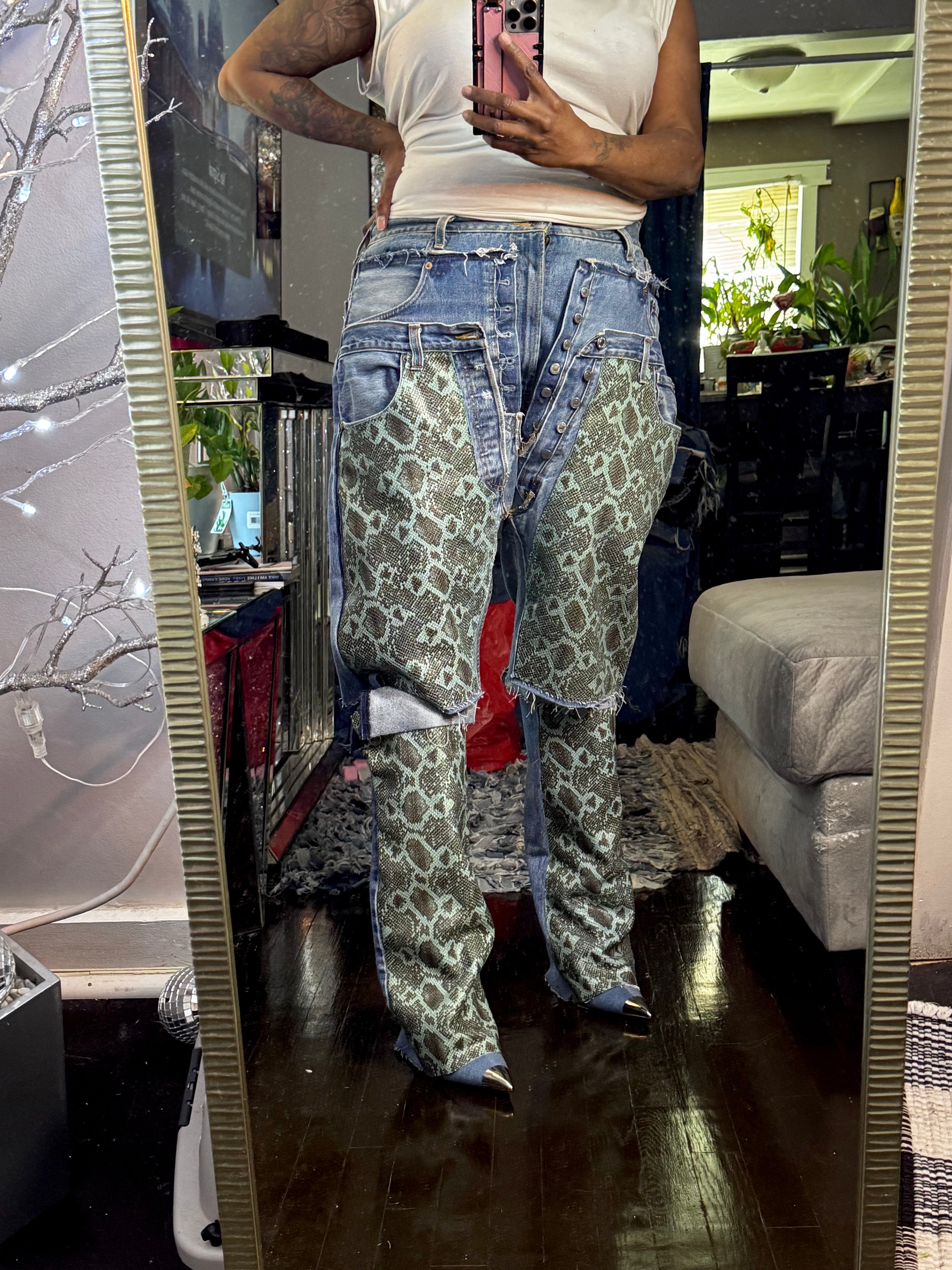 Triple Denim Cowgirl Couture Python Leather Jorts