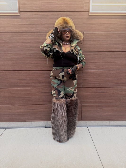 Custom Camo Faux Fur Wide Leg Cargos