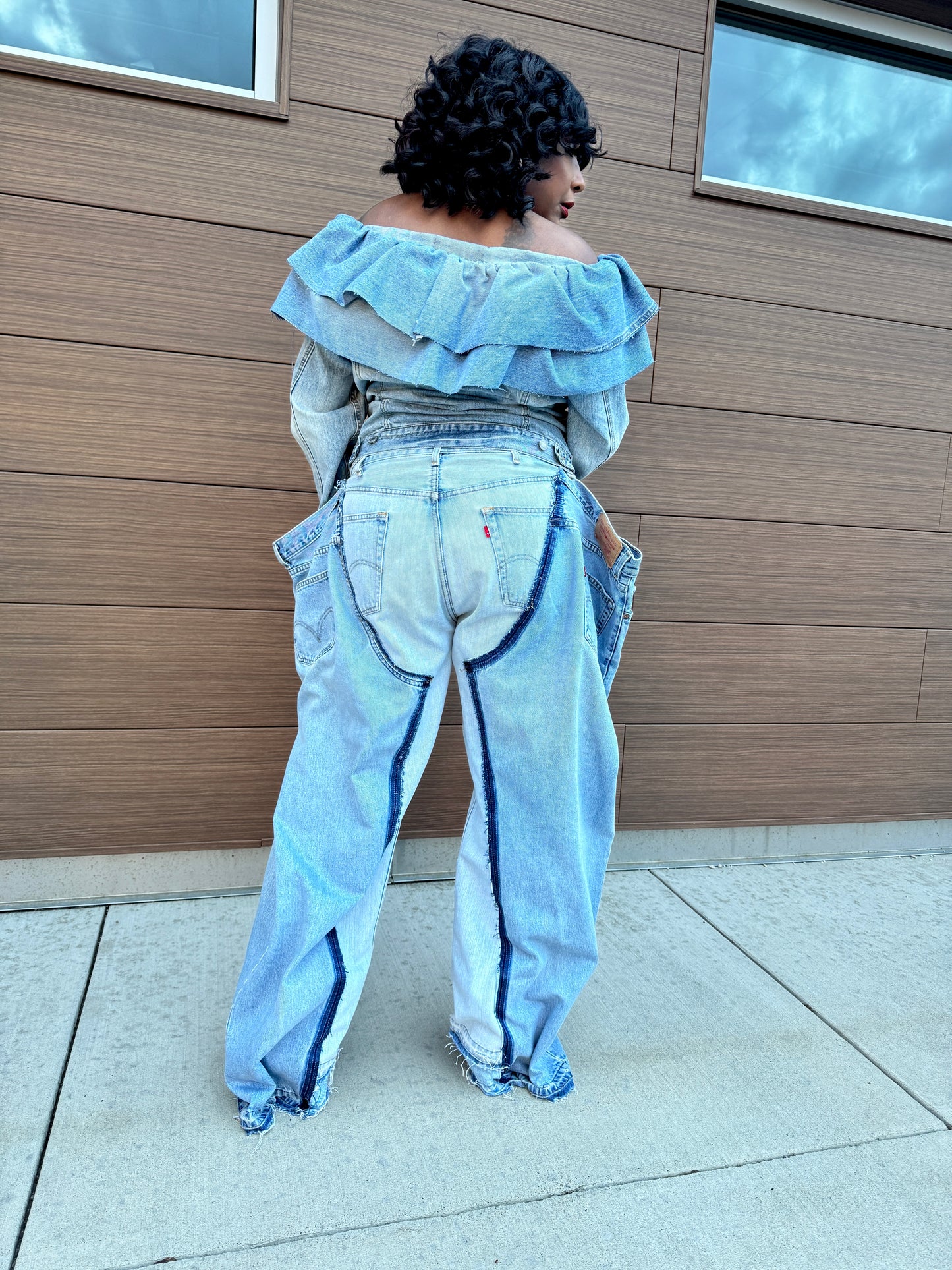 Double Denim Chap Style Wide Leg Jeans