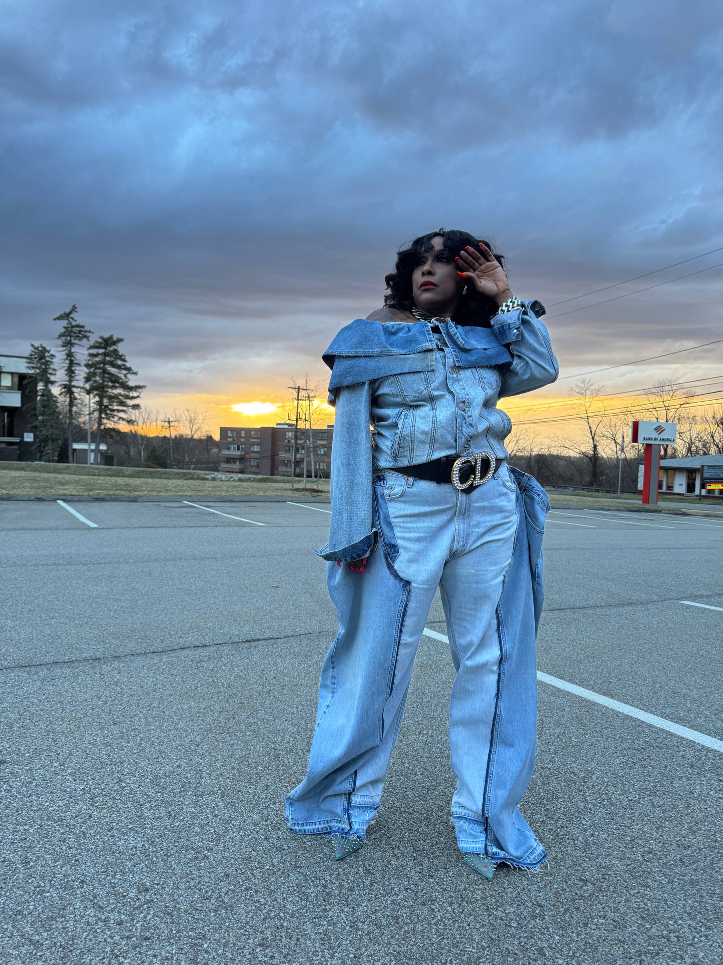 Double Denim Chap Style Wide Leg Jeans