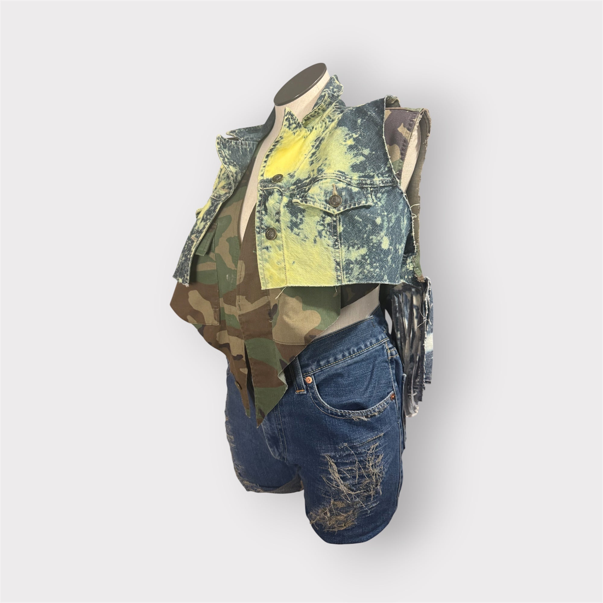 Two Toned Camo n Denim Fringe Vest