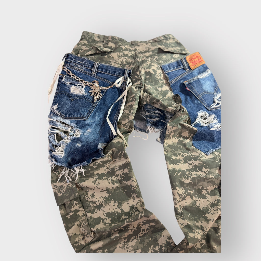 Distressed Denim n Digital Camo Cargos
