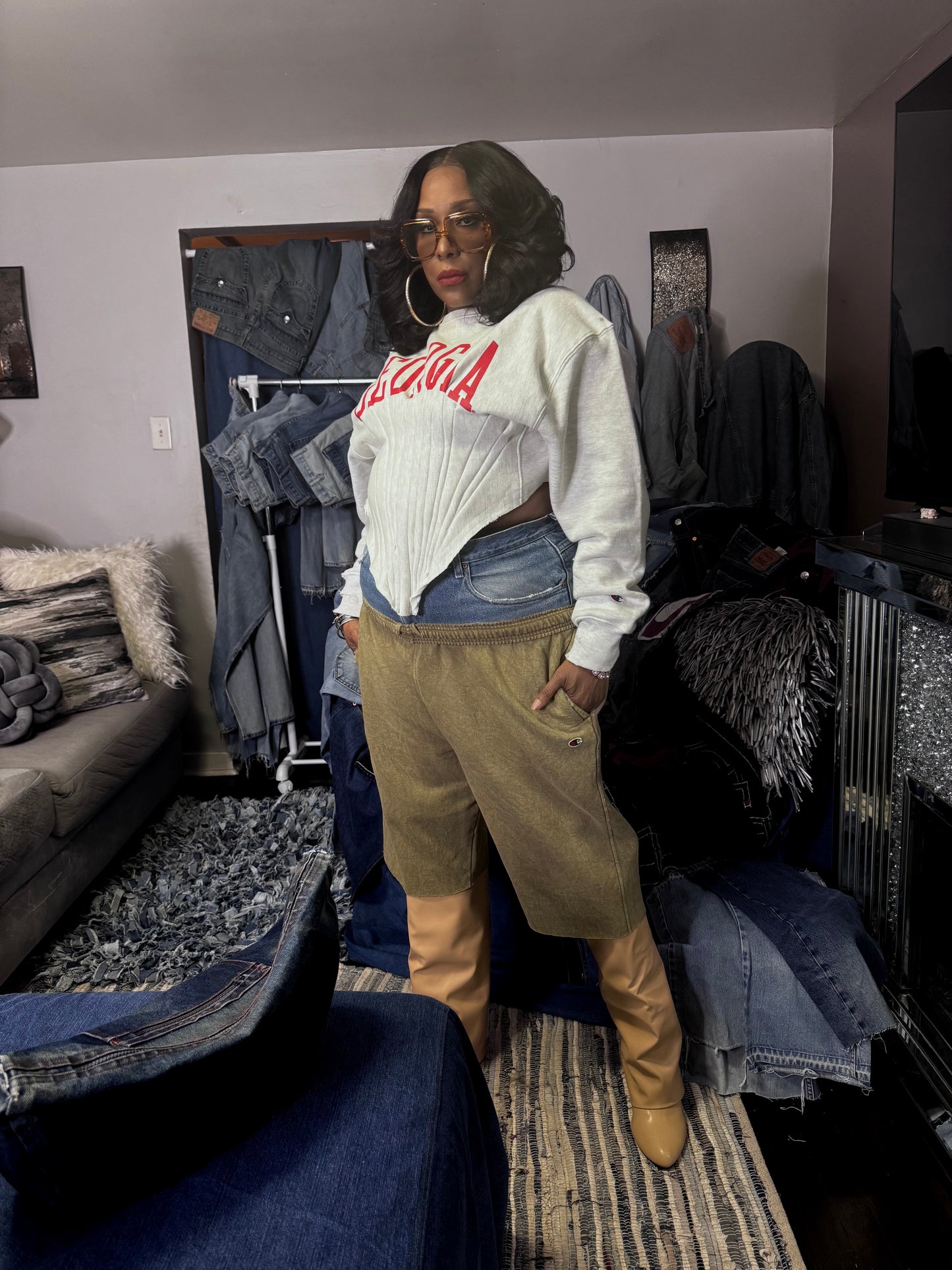 Denim Double Waist Jort Style Joggers