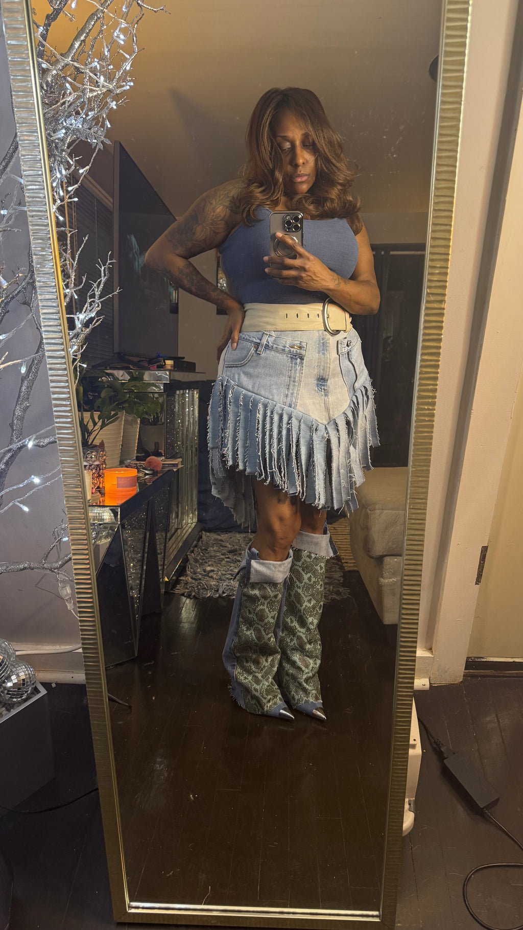 Double Denim Cowgirl Fringe Skirt