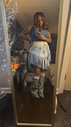Double Denim Cowgirl Fringe Skirt