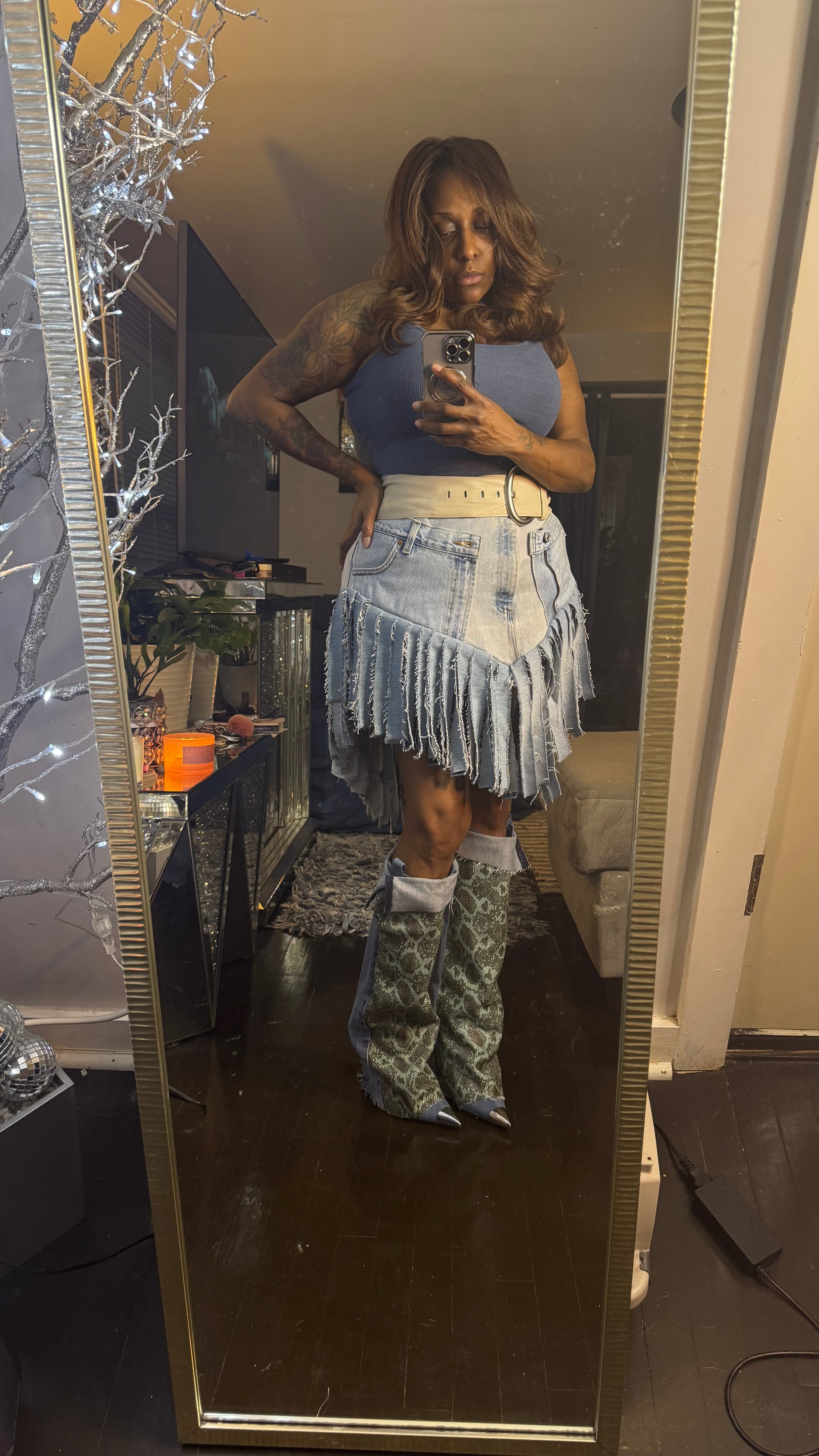 Double Denim Cowgirl Fringe Skirt