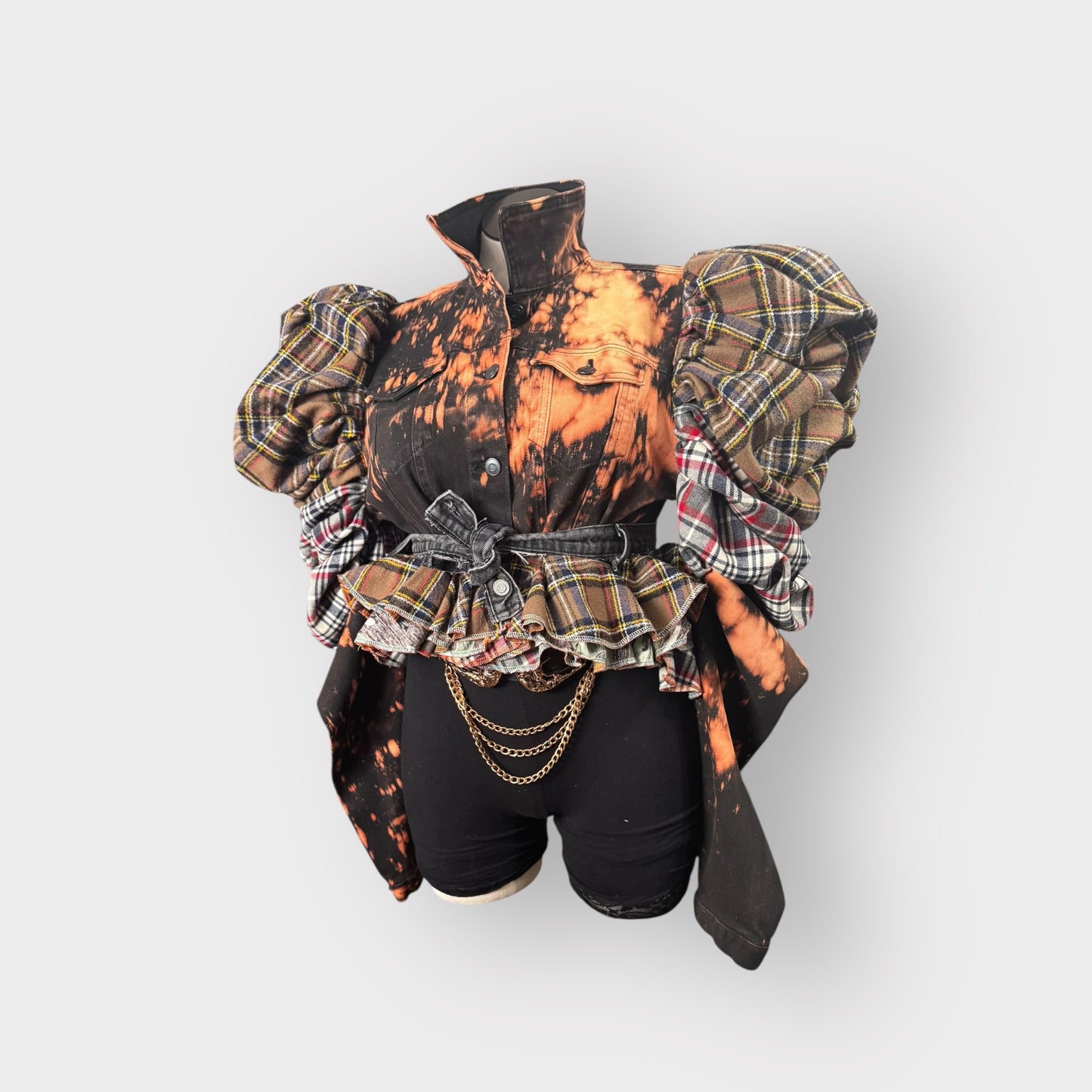 Tartan Bishop Sleeve Peplum Layered Jacket