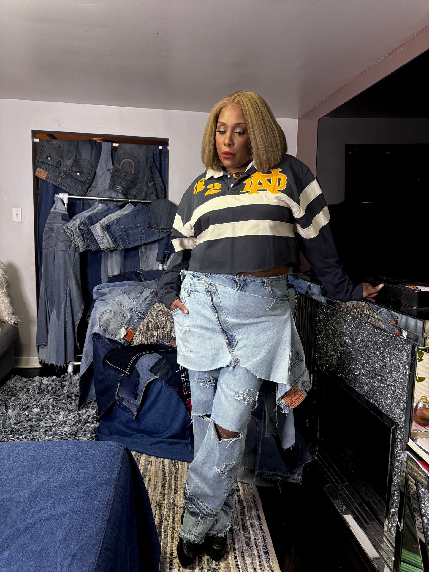 Distressed Denim Apron Style Overlay Jeans